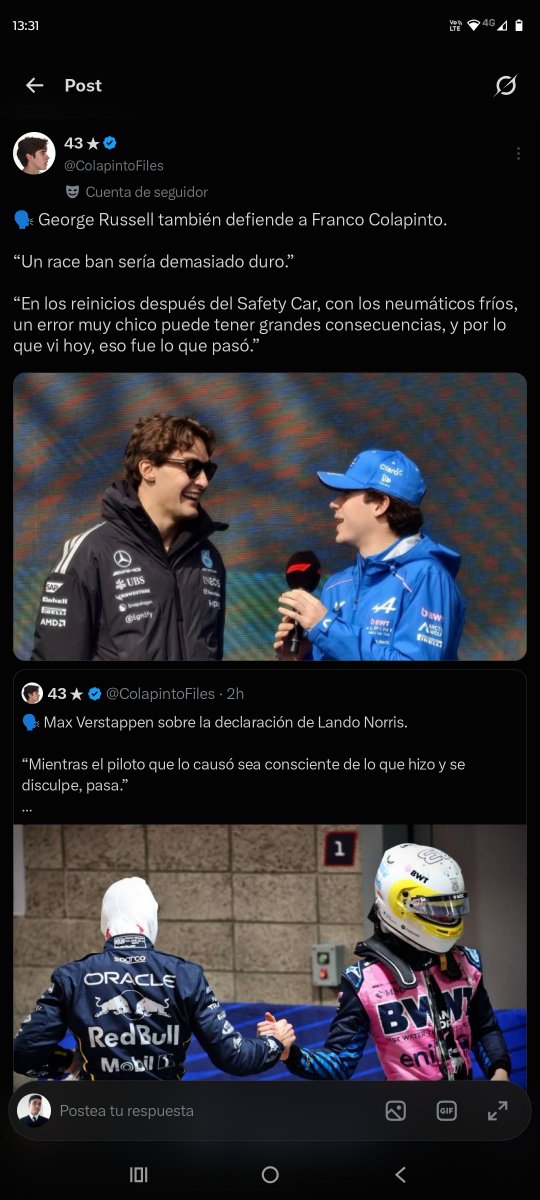 Srwhite27's tweet photo. @Mapiii_06 @PabloMartinn43 @Nanosecso Lo de colapinto hoy fue un error dicho por Russell y max, pero se ve que Manolito el desempleado le quiere enseñar de f1 a max verstappen 🤡 https://t.co/PBPdRoZqHC
