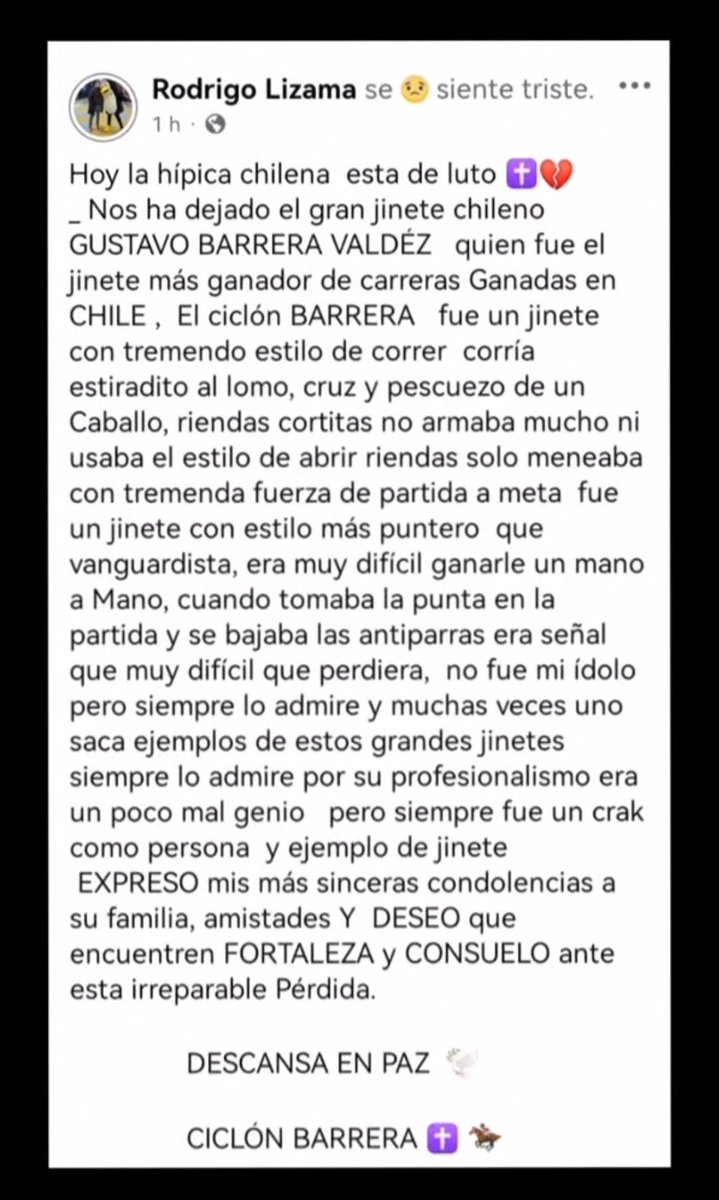 LizamaCordo's tweet photo. Descansa en paz ciclón barrera 🏇 ❤️ 🏆
#jinete
#hipodromochile
#clubhipicodesantiago
#GustavoBarrera https://t.co/3hZj0Q4s0s