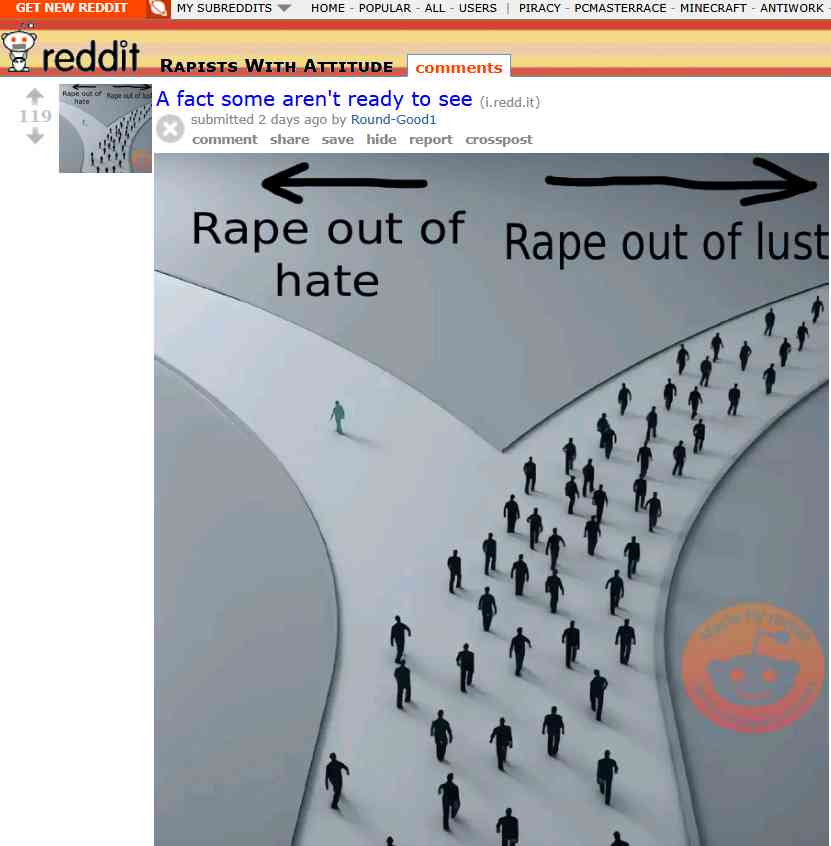 FriendlyNatbol's tweet photo. I had a dream where there was a big subreddit called "r/rapistswithattitude" where rapists would post memes and talk about their experiences in a "2019 big chungus" way. Here is some recreation of what i saw. https://t.co/3YvsP4Avmp