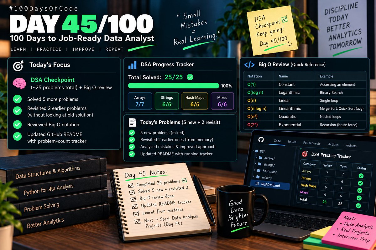 Chiranjeeb_Ku_'s tweet photo. Day 45/100 — DSA 🧠

Hit the DSA checkpoint: ~25 problems + Big O review.

Solved 5 more and revisited 2 earlier problems without old solutions.

Updated my GitHub DSA problem tracker.

Key insight: Real progress is solving what once felt difficult.

#100DaysOfData #DataAnalyst https://t.co/vvHPGOfKrj