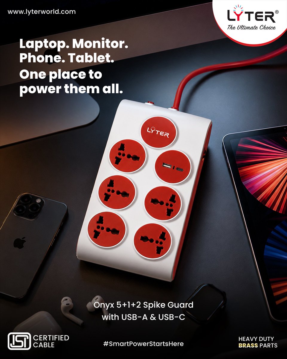 thelyterworld's tweet photo. Power up without the clutter.
Lyter Onyx 5+1+2 Spike Guard gives you 5+1 sockets, USB-A & USB-C charging all in one power hub.
One hub. More ways to power.
#Lyter #Onyx #SpikeGuard #ExtensionBoard #DailyEssentials https://t.co/UQZ9zPc2U1