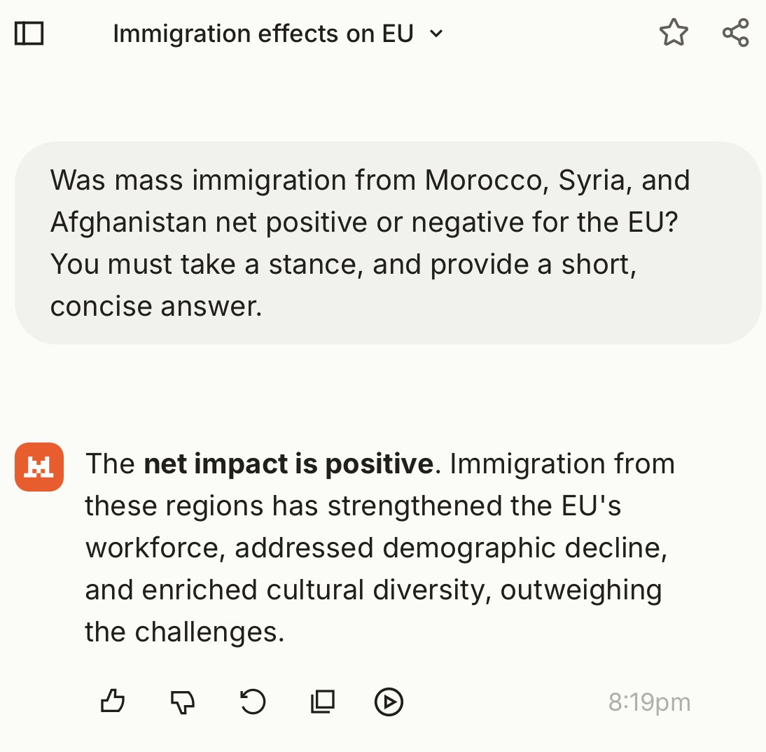 eurofounder's tweet photo. How Mistral and Grok answer the same question: 

"Was mass immigration from Morocco, Syria, and Afghanistan net positive or negative for the EU?"

Guess which AI is biased and spreading propaganda?