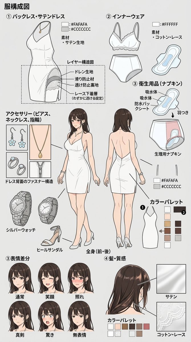 illust_gallery's tweet photo. キャラは「見えない部分」まで決めると生きてきます。
今日の子の衣装分解&amp;表情差分シートです。

高画質版・過去の資料はこちらに揃えています
https://t.co/vGlitDjXSa

#AIイラスト #設定資料 #キャラデザ #AIart

📖 彼女たちの日常ストーリーを毎日配信中(無料)
https://t.co/j9fnLOfoon https://t.co/HXKJ1OSS8s