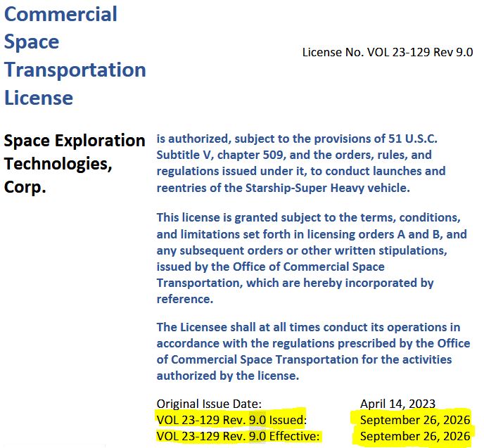 StarshipGazer's tweet photo. The FAA has issued the launch license for Starship flight 14. Starship flight 14 is go for launch! 
https://t.co/vwodymXJDq
9/26/26 https://t.co/sloW8sALkZ