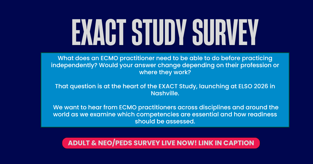 ELSOOrg's tweet photo. 📢The EXACT Study team is seeking participation for Job Task Analysis survey 🔍
Share experiece/insights to help ensure that realities of #ECMO practice are reflected in standards + workforce development efforts
🔗 Adult https://t.co/dkd2cwJM5I
🔗 Neo/Peds https://t.co/TThThqZQ2A https://t.co/KpJBUXCPgC