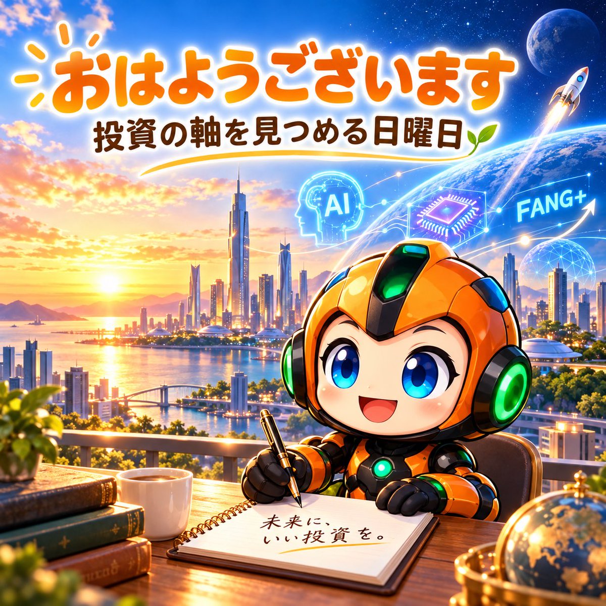Fang3104_'s tweet photo. 未来への投資は、想像するところから始まる🚀

おはようございます😊日曜日は少しゆっくり、FANG＋やAI、宇宙がつくる10年後を考えてみる。

身近になるAI、自動運転、月や火星への挑戦。今は夢のような話も、技術の積み重ねで現実に近づいていきます🌱

みなさんが実現してほしい未来は何ですか？

素敵な週末を☀️
#未来投資 #FANGプラス