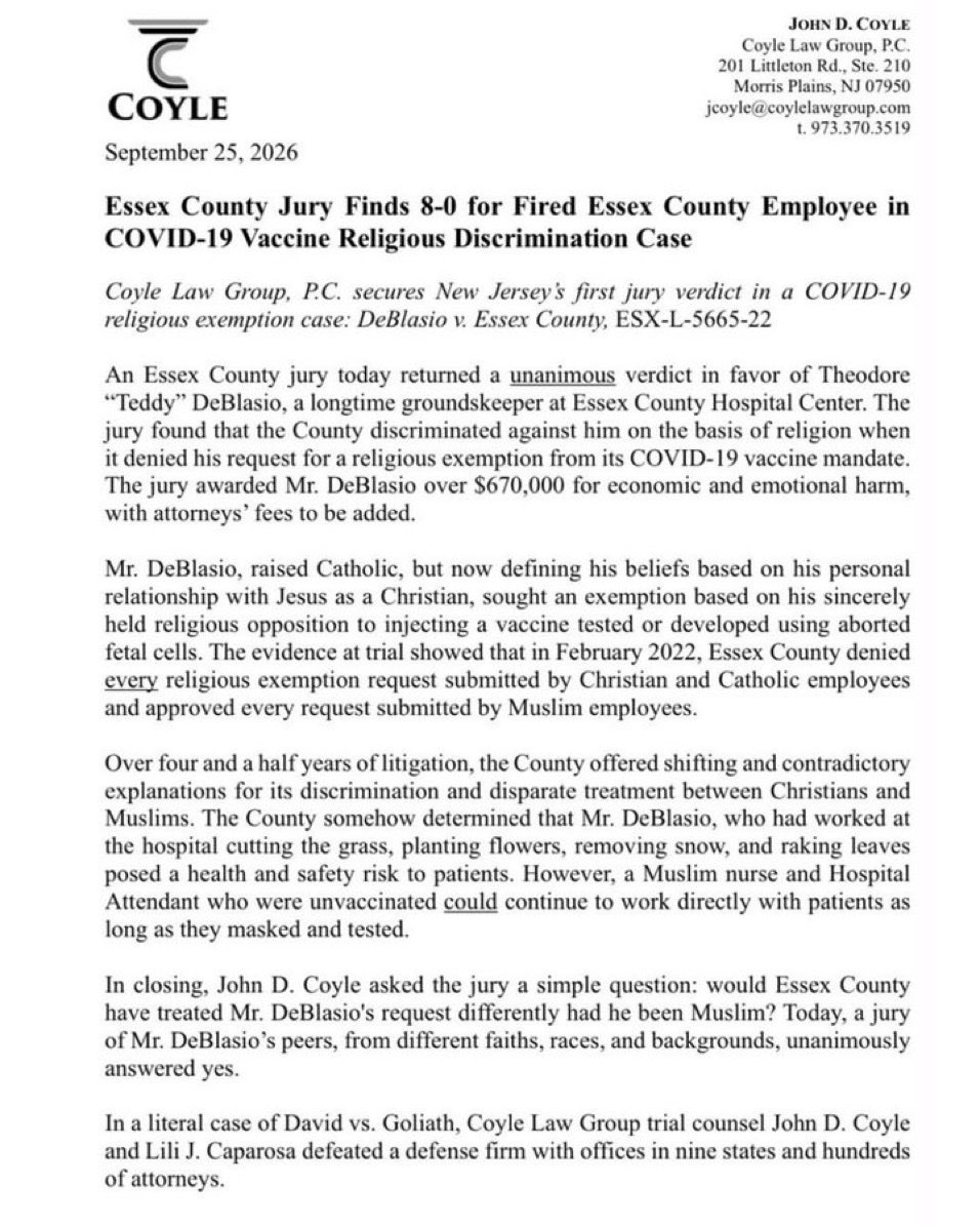 liz_churchill10's tweet photo. Another incredible win against the Covid Tyrants. New Jersey Jury delivers a Unanimous 8–0 Verdict for Theodore DeBlasio who was fired over a ‘Covid Vaccine’ Religious Exemption. He was awarded $670,000… https://t.co/BRjrHhA1dw