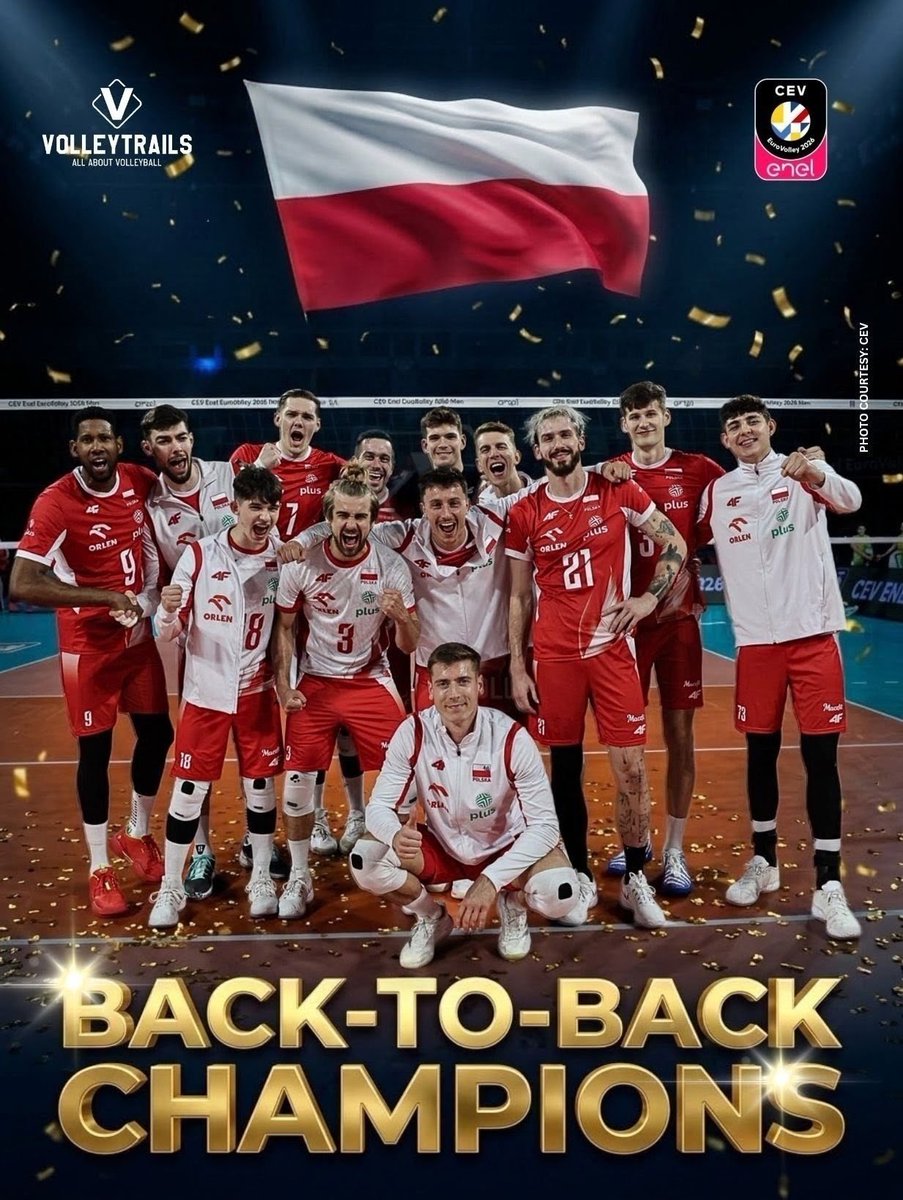 volleytrails's tweet photo. 🇵🇱 POLAND ARE BACK-TO-BACK EUROPEAN CHAMPIONS! 🏆

The crown stays in Poland! The Polish national team defeated 🇫🇷 France in a hard-fought four-set battle to clinch their second consecutive Men's European Volleyball Championship title: 31–29, 25–19, 20-25, 25–16.

Poland secured their third overall EuroVolley gold medal and officially qualifies for the LA 2028 Olympic Games! Gratulacje dla Polski! 👏

#EuroVolleyM #CEV #Volleyball #LA2028 #RoadToLA2028 #Siatkówka 
📸 CEV