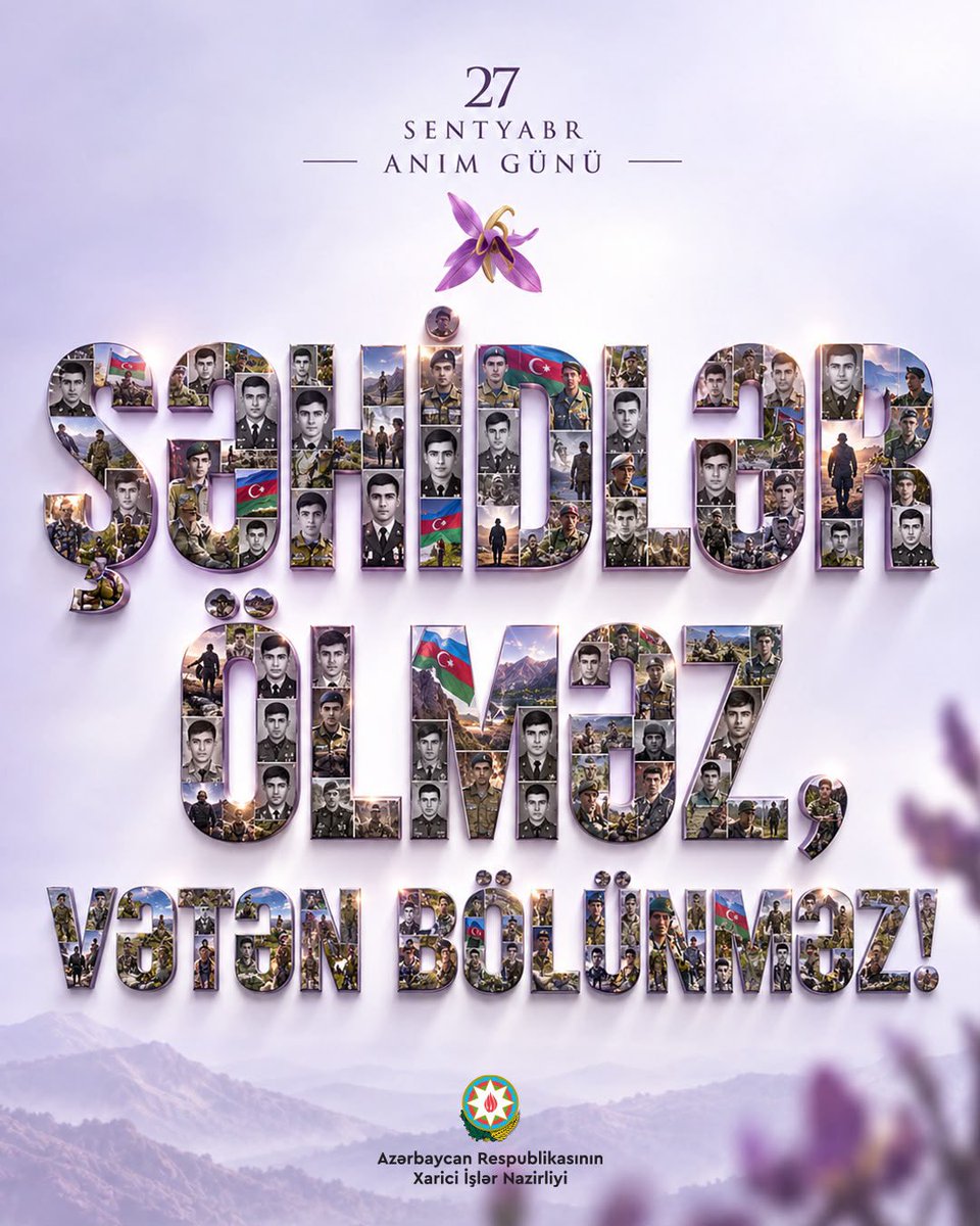 Bayramov_Jeyhun's tweet photo. 27 sentyabr ölkəmizdə Anım Günü qeyd olunur. 

Azərbaycan Respublikasının ərazi bütövlüyü və suverenliyi uğrunda canlarından keçən şəhidlərimizin əziz xatirəsini dərin ehtiram və minnətdarlıqla yad edirəm.

44 günlük Vətən müharibəsində Müzəffər Ali Baş Komandanın rəhbərliyi ilə şanlı Ordumuzun qəhrəmanlığı nəticəsində tarixi ədalət bərpa olundu.

Bütün şəhidlərimizə Allahdan rəhmət, qazilərimizə və müharibə iştirakçılarına cansağlığı arzulayıram.