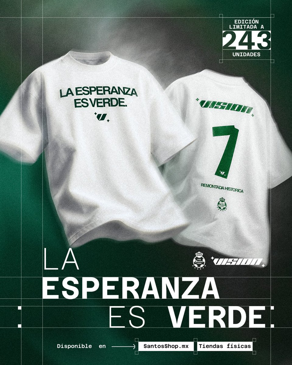 ClubSantos's tweet photo. Únete al espíritu inquebrantable de los Guerreros. 🇳🇬💪

Tenemos nueva playera en colaboración con Vision Culture. ⚔️

Adquiere la tuya hoy a partir de las 7:00 PM en @santosshop Estadio Corona. 📍🏟️

La esperanza es Verde. 🇳🇬 https://t.co/8WQfdDVSGV