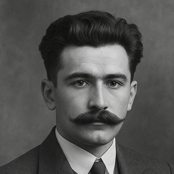 A black-and-white portrait of a young man with thick eyebrows, a curled mustache, and slicked-back hair wearing a suit and tie.