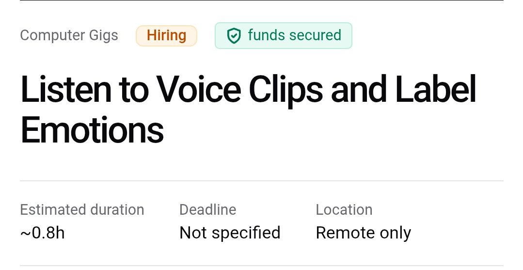 raycrypto_01's tweet photo. Found a simple remote opportunity on RentAHuman 

🎧 Listen to English voice clips and label the emotions/speaking styles.

 $10 for about 45 minutes
 $0.50 attention bonus
 Remote

You’ll need good English listening skills and a quiet place or headphones.

If you’re interested in small online gigs, this one is worth checking out. 

Link in the comment 👇