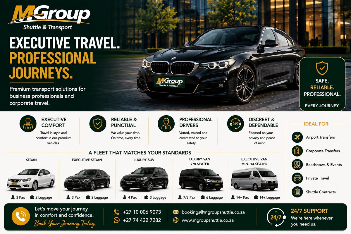 mgroupshuttle's tweet photo. Thank you for following us, we’re happy to have you here!
MGroup Shuttle provides reliable, safe and comfortable transportation for airport transfers, corporate travel, group trips, events and more.
📲 Get in touch with us for your next trip.
#MgroupShuttle #MaskedSingerSA #SamsungMobileSA #BafanaBafana #3HONORX5ds