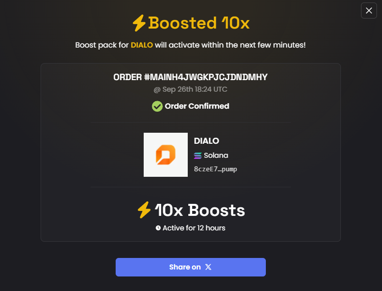 DialoAgent's tweet photo. Bought boosts from the growth wallet

10x for 12 hours. That wallet exists for exactly this, and now you can see it being used.

The big update is looking like tomorrow. We'll say so if that moves. https://t.co/y6sZt5bp2o