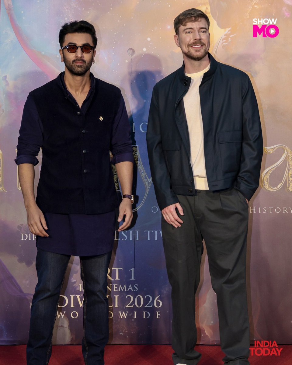 IndiaToday's tweet photo. #InPics | MrBeast, Ranbir Kapoor, Sai Pallavi and Ravi Dubey attend a promotional event for the upcoming film Ramayana: Part 1 in Mumbai.
#RamayanaPart1 #RanbirKapoor #SaiPallavi #MrBeast #NiteshTiwari #ShowMo #ITPhotoblog https://t.co/j5vEttUkMM