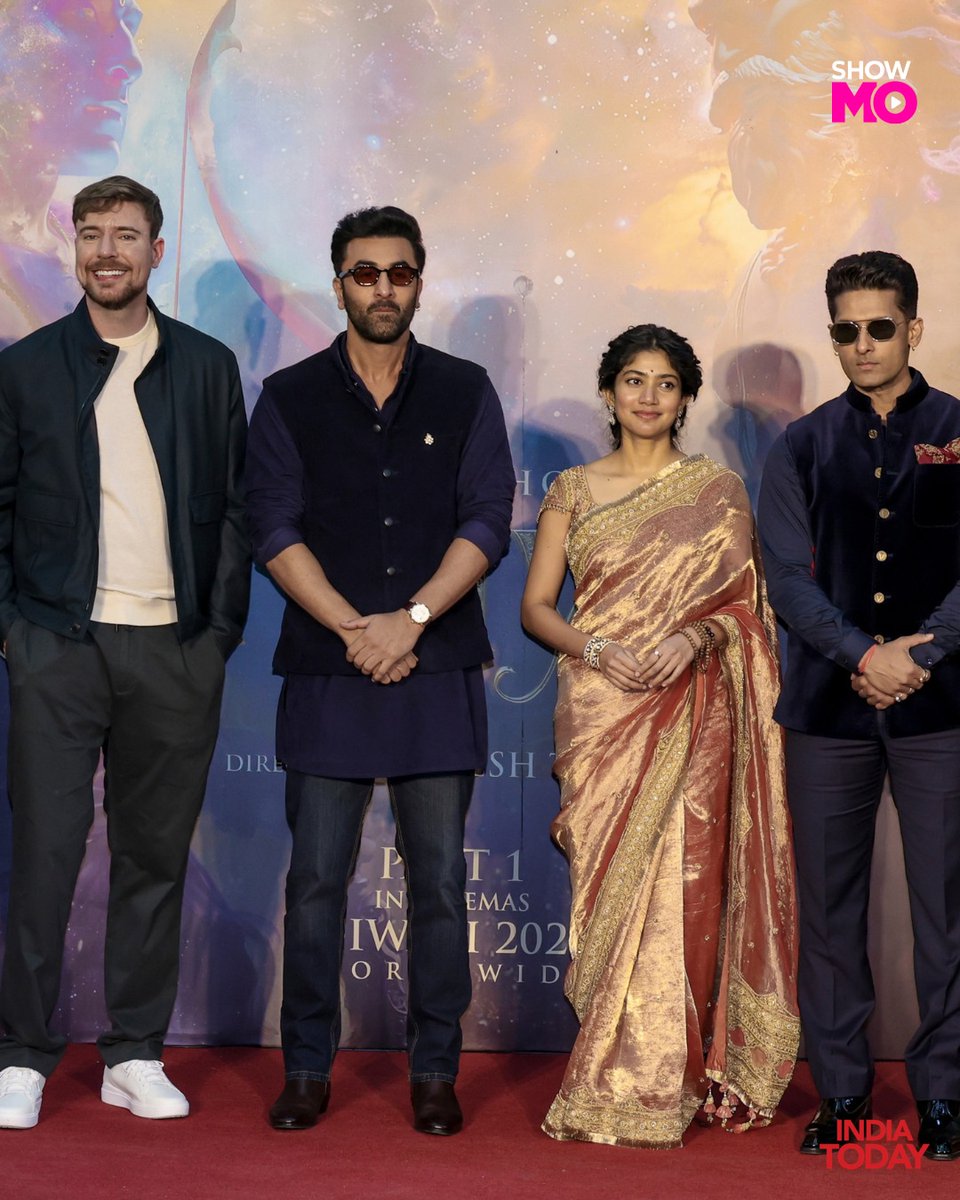 IndiaToday's tweet photo. #InPics | MrBeast, Ranbir Kapoor, Sai Pallavi and Ravi Dubey attend a promotional event for the upcoming film Ramayana: Part 1 in Mumbai.
#RamayanaPart1 #RanbirKapoor #SaiPallavi #MrBeast #NiteshTiwari #ShowMo #ITPhotoblog https://t.co/j5vEttUkMM