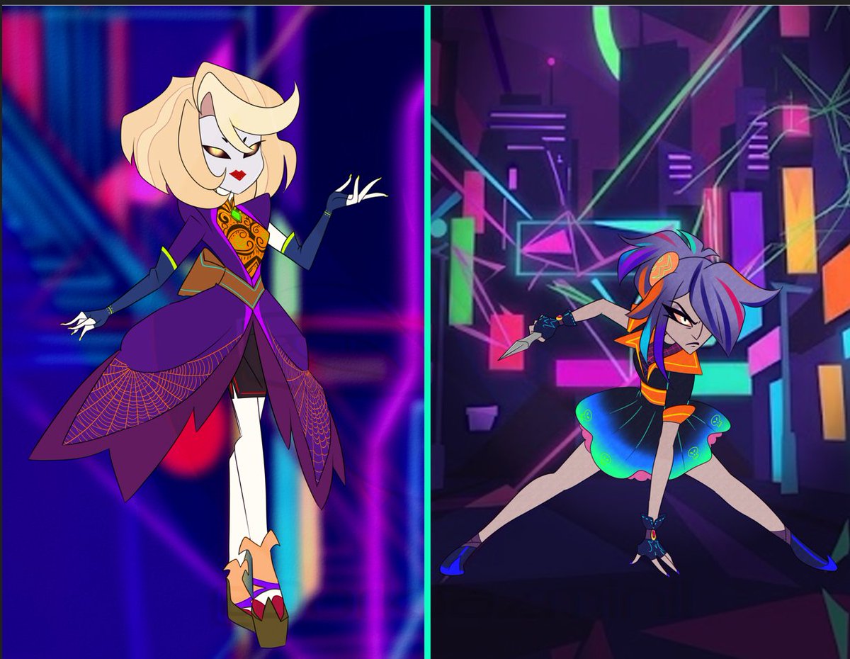 DarkJazmin11's tweet photo. Neon Yōkai.
The Collection is officially finished! I've put so much love into these designs.The characters are ready for spooky season. Which look is your absolute favorite? Full character version breakdowns and details in the replies. #HazbinHotel #Alastor #Charlie #AngelDust https://t.co/5PLcL99sfp