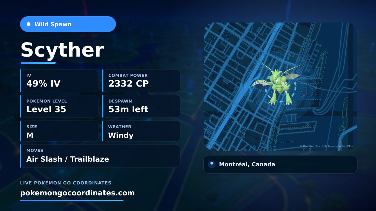 CoordsPokemonGo's tweet photo. #Scyther Wild Spawns
49% IV β’ 2332 CP β’ Level 35
Despawns in 53m
π 45.508966,-73.552111
#Shundo β’ #ShinyCheck https://t.co/IovoB1W9mG