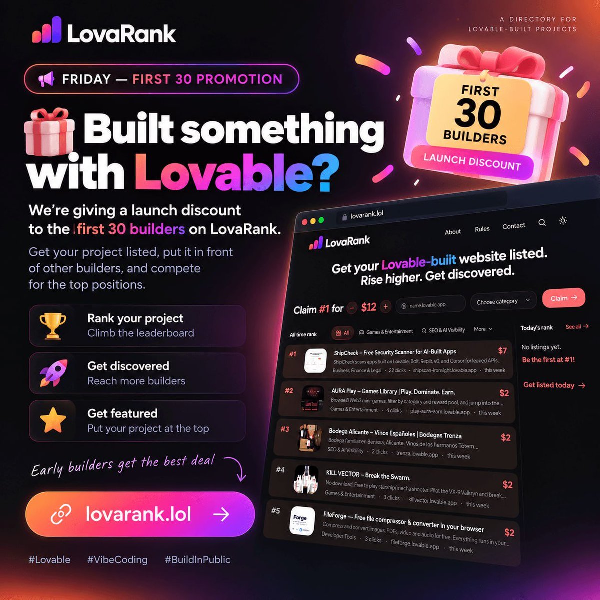 joker_coding's tweet photo. 🎁 Built something with Lovable?

We’re giving a launch discount to the first 30 builders on LovaRank.

Get your project listed, put it in front of other builders, and compete for the top positions.

🏆 Rank your project
🚀 Get discovered
⭐️ Get featured

Early builders get the best deal 👇

👉 https://t.co/S7EMJClSaM

#Lovable #VibeCoding #BuildInPublic