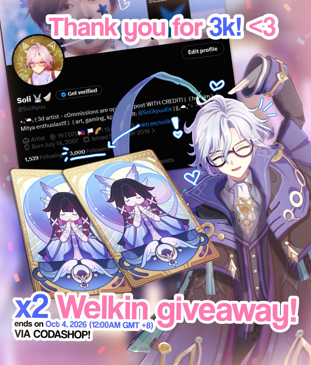 Solikyuu's tweet photo. 💜welkin thank you gift for reaching 3k!!~🩵
(2 winners)
- ❤️&amp;♻️ this post
- follow me
- (optional, + 1 entry, show proof on replies) follow me on TikTok (@/shizueon)! 

ends next week, oct 4! good luck <3 https://t.co/GHEZFVU91w