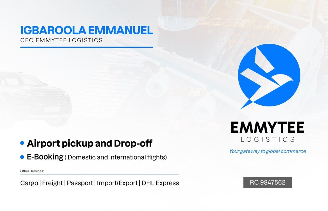 Emmyteelogistic's tweet photo. ✈️📦 EMMYTEE LOGISTICS  Your Gateway to Seamless Travel &amp; Cargo Solutions. From airport transfers and flight bookings to air freight, import/export, clearing and door-to-door delivery, we provide reliable, secure and professional service with ease.
📲 08100744153 | 07081789076 https://t.co/Au5YtRYo2l