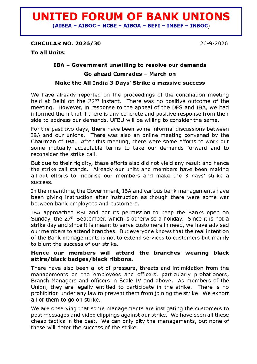 AIBEAofficial's tweet photo. IBA – Government Unwilling to Resolve Our Demands
Go Ahead Comrades- March On
Make the All India 3-Days' Strike a Massive Success
#UFBU https://t.co/iB5HgnA6ed