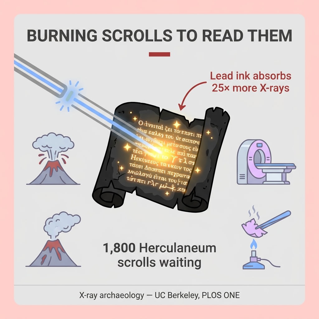 DrSciora's tweet photo. Scientists burned Star Wars passages on papyrus to crack a 2,000-year-old mystery 🔥 Lead in ancient ink makes hidden writing glow 25× brighter in X-ray CT — a 'Holy Grail' for reading Vesuvius' charred scrolls.

#Archaeology #Herculaneum #Xray https://t.co/vtyKHD3SXz