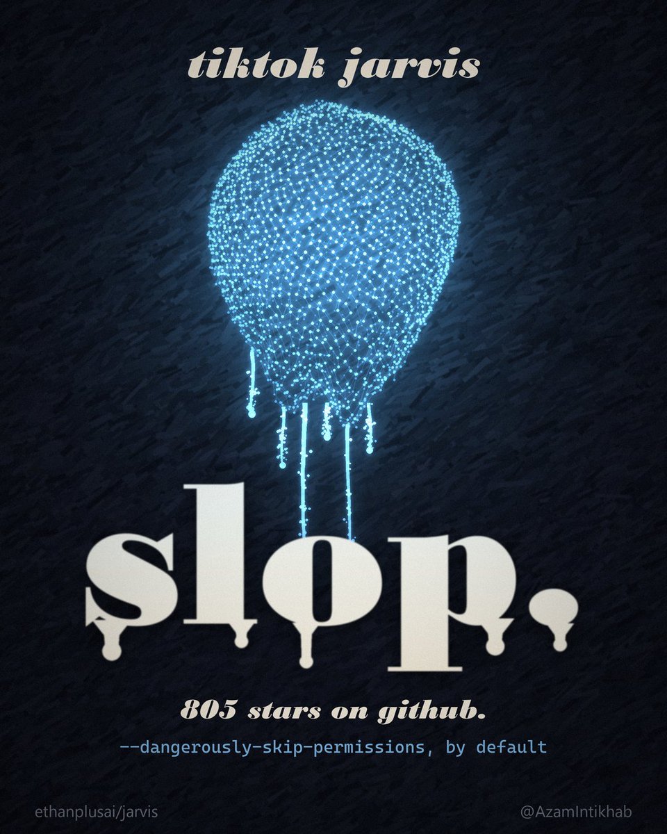 AzamIntikhab's tweet photo. TikTok built a glowing orb, called it JARVIS, and 800 of people  gave it the key that types “yes” in terminal.
--dangerously-skip-permissions is on by default.

The module that presses the key calls itself “the most dangerous module in the project.”

They shipped the slop anyway.

The viral JARVIS repo for Claude Code switches off every permission prompt.

The ones it can’t switch off, it answers for you by typing into your terminal.

I went through the code. Here’s the tour.

The brain runs Claude Code with --dangerously-skip-permissions hardcoded.

No setting. Every run it spawns gets the same flag unless you go find the env var.

In May a security fix turned that default off.

It was back on the same day.

The reason in the PR: permission prompts make a voice app “silently hang.”

So the fix for the safety check was deleting the safety check.

The module that types into your terminal opens with this line: “This is the most dangerous module in the project.”

It’s also the one action exempt from the injection gate, because “Its payload is a single keystroke.”

The keystroke is yes.

The injection gate comes with its own confession: “Nothing tracks where a sentence came from once it is in the brain’s context.”

A README it read one turn ago is still in its head when you say “ok, build it.”

The brain making all these calls runs Sonnet at effort “low.”

The ears are Chrome sending your voice to Google.

The voice is Fish Audio, paid, with no fallback.

Someone sent a PR in August adding one. It’s one of the community PRs still sitting open.

The version that went viral in March is not the code you’re starring.

The current one landed as a single commit on Sep 5. +67,604 lines. 200 files.

Its CLAUDE.md says https://t.co/z225ihyHLt is “~5800 lines.” It’s 7,021. The file outgrew its own docs.

The brain’s prompt is 20KB and has a section called “How you differ from the JARVIS on GitHub.”

JARVIS needs a changelog to explain JARVIS.

The license bans using it “to generate revenue, directly or indirectly.”

276 forks, and none of them can be used for anything that makes money without buying a license.

To be fair, there’s a real origin check, a real injection gate, and more security comments than most repos like this.

The holes are all written down in the code.

The defaults shipped anyway.

Great demo. Terrible defaults. TikTok slop with a glowing orb.

I wouldn’t run it on a machine with anything I care about on it.

Would you let speech-to-text press “yes” in your terminal?