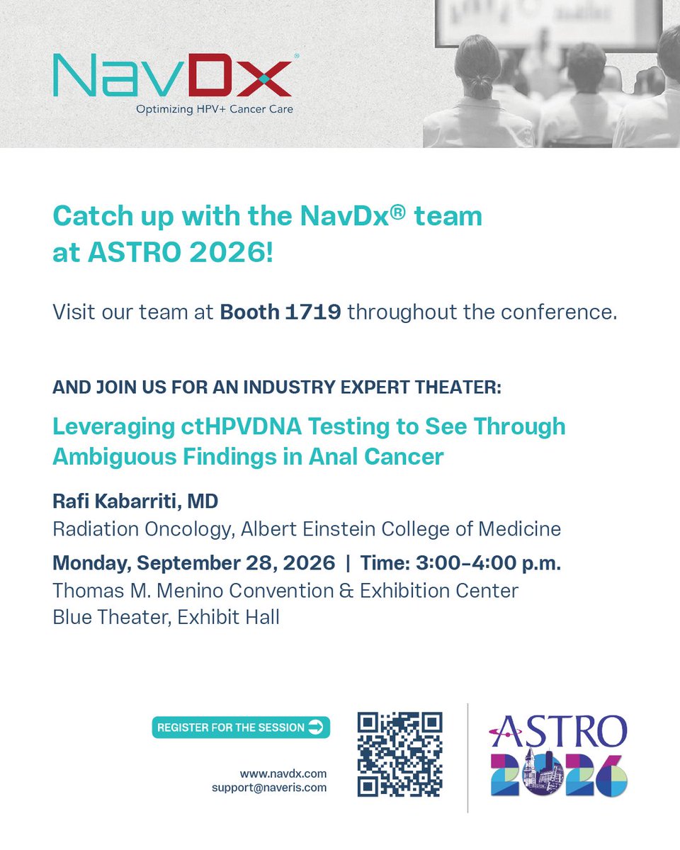 NavDxTest's tweet photo. The NavDx® team is attending the ASTRO Annual Meeting beginning this weekend in Boston! Visit our team at Booth #1719 throughout the conference.
 
And, if traditional options for resolving clinically indeterminate findings in HPV+ anal cancer don’t give you the answers you need with the confidence you demand, join us for an industry expert theater: 

Leveraging ctHPVDNA Testing to See Through Ambiguous Findings in Anal Cancer
Speaker: Rafi Kabarriti, MD, Radiation Oncology, Albert Einstein College of Medicine

Monday, September 28, 2026 | Time: 3:00–4:00 p.m.
Location: Blue Theater, Exhibit Hall
Register for this event: https://t.co/xmHyg484LX  

#ASTRO26 #ctDNA #ctHPVDNA #LiquidBiopsy #CancerSurveillance #Oncology #HPV #HPVcancer #AnalCancer #ASCC #RadiationOncology #NavDx #CareDx

ASTRO Industry Theater Information: https://t.co/wSRSZAWrVY