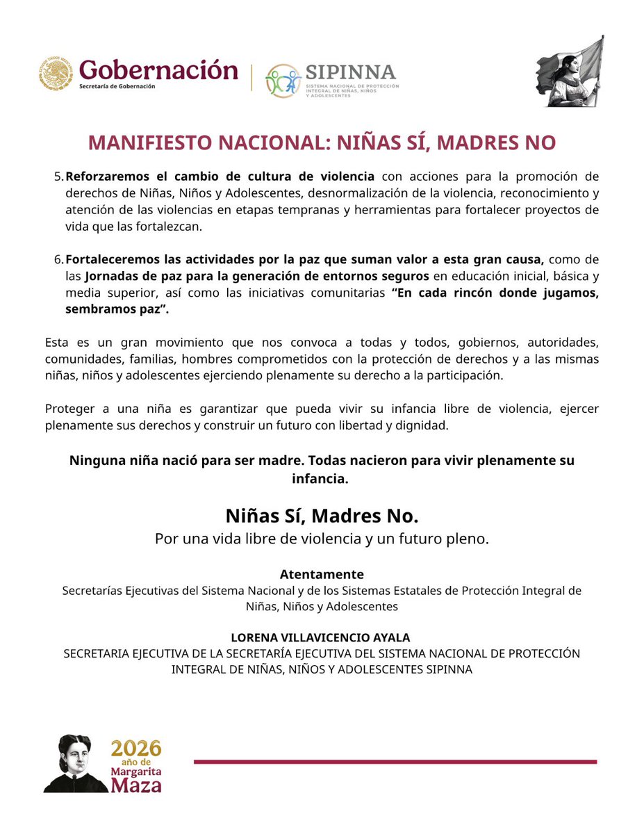 SIPINNA_MX's tweet photo. 🚨 7 mil 887 niñas fueron madres en México durante 2025.

Esto significa que, en promedio, cada día 22 niñas de entre 10 y 14 años dieron a luz.

Frente a esta realidad, el SIPINNA y los Sistemas de Protección Integral de Niñas, Niños y Adolescentes de todo México presentamos el Manifiesto Nacional “Niñas Sí, Madres No”, para combatir la violencia sexual y avanzar hacia la erradicación del embarazo infantil.