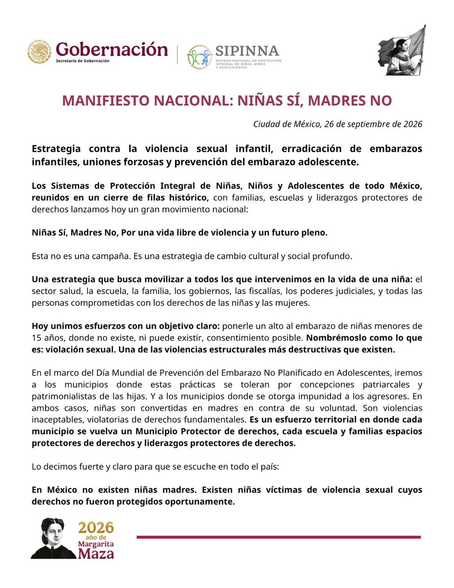 SIPINNA_MX's tweet photo. 🚨 7 mil 887 niñas fueron madres en México durante 2025.

Esto significa que, en promedio, cada día 22 niñas de entre 10 y 14 años dieron a luz.

Frente a esta realidad, el SIPINNA y los Sistemas de Protección Integral de Niñas, Niños y Adolescentes de todo México presentamos el Manifiesto Nacional “Niñas Sí, Madres No”, para combatir la violencia sexual y avanzar hacia la erradicación del embarazo infantil.