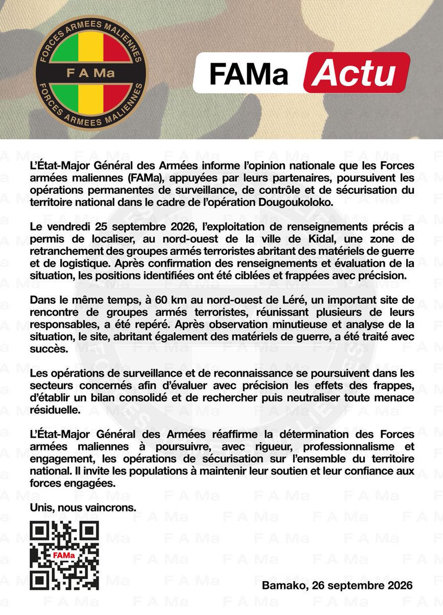 DirpaFa's tweet photo. #FAMa Actu
L'État-Major Général des Armées informe l'opinion nationale que les Forces armées maliennes (FAMa), appuyées par leurs partenaires, poursuivent les opérations permanentes de surveillance, de contrôle et de sécurisation du territoire national... https://t.co/vkO4T055Qd