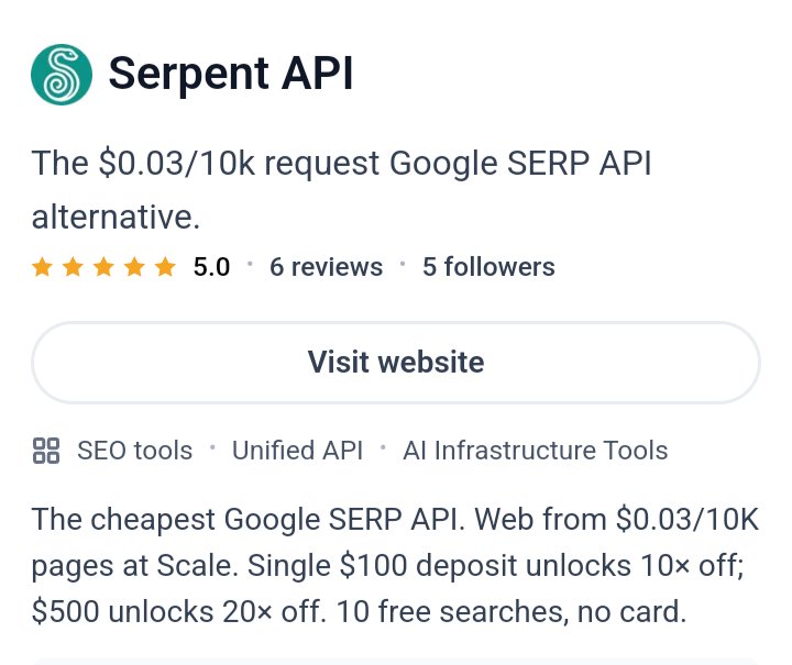 ApiSerpent's tweet photo. 🚀 @ApiSerpent is on @ProductHunt

A low-cost API for Google SERP data, AI citation tracking, rank tracking, Google Maps &amp; more.

Starting at $0.03/1K Web units. Free to start. No credit card required.

Would love your feedback 👇

https://t.co/5mTUUIWqKN https://t.co/G04IeKelzY