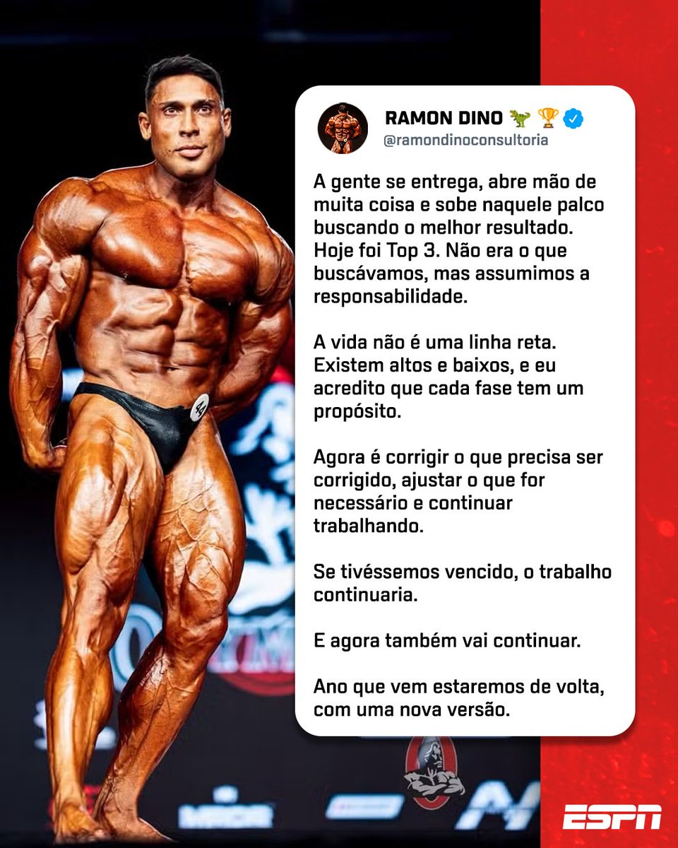 ESPNBrasil's tweet photo. O brasileiro Ramon Dino perdeu o título da Classic Physique no Mr. Olympia 2026 neste sábado (25) e se pronunciou nas redes sociais após ter ficado em terceiro colocado. 🦖🗣️🇧🇷

#MrOlympia https://t.co/j9sGcSKey0