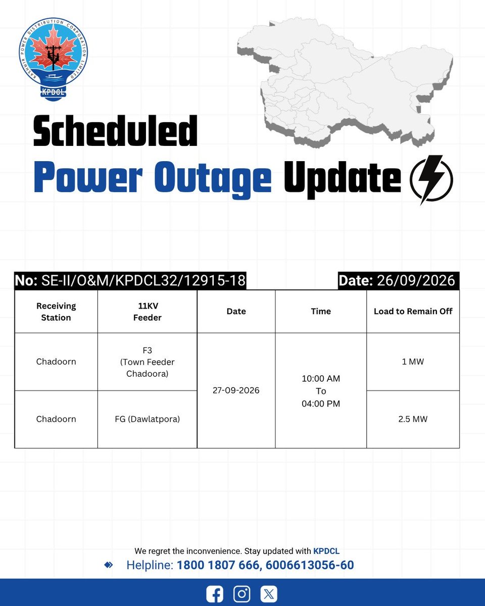 kpdcloffice's tweet photo. Scheduled Power Shutdown Update
Stay prepared!
We regret the inconvenience caused.
#KPDCL #SHUTDOWN
@CM_JnK @OfficeOfLGJandK @diprjk @nasirsogami @DivComKash @GreaterKashmir @RisingKashmir https://t.co/3IaJuzysuQ