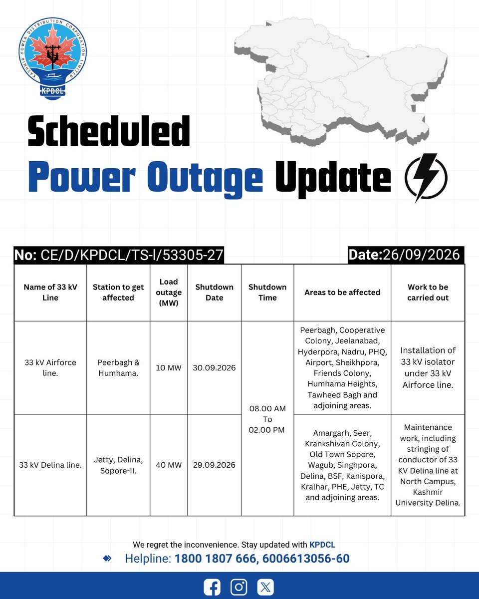 kpdcloffice's tweet photo. Scheduled Power Shutdown Update
Stay prepared!
We regret the inconvenience caused.
#KPDCL #SHUTDOWN
@CM_JnK @OfficeOfLGJandK @diprjk @nasirsogami @DivComKash @GreaterKashmir @RisingKashmir https://t.co/3IaJuzysuQ