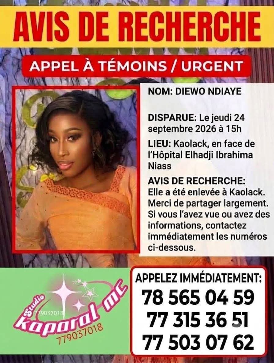 Avis_Senegal's tweet photo. 🚨Avis de Recherche, Elle a été enlevée dans son lieu de travail ( Point Wave) à Kaolack. Elle a une fois répondu au téléphone. Si vous avez vue des traces d'elle s'il-vous-plaît contactez ces numéros. Maximum de Partage et merci pour votre Compréhension https://t.co/heuGAhjbnF
