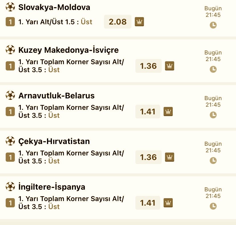 BahisMerkeziTR's tweet photo. GECENİN KUPONU ⚽️

Slovakya-Moldova → İY 1.5 ÜST
Kuzey Makedonya-İsviçre → İY 3.5 KORNER ÜST
Arnavutluk-Belarus → İY 3.5 KORNER ÜST
Çekya-Hırvatistan → İY 3.5 KORNER ÜST
İngiltere-İspanya → İY 3.5 KORNER ÜST

🎯 5 maç, tek kupon.
       Bol şans 🍀

#Bahis #İddaa #Futbol https://t.co/4ytFxTv9Mz