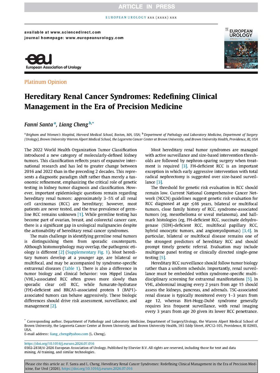 LiangChengMD's tweet photo. I am delighted to share our recent article published in European Urology (Journal Impact Factor: 29) @EUplatinum - “Hereditary Renal Cancer Syndromes: Redefining Clinical Management in the Era of Precision Medicine” (PMID: 42580957), written by Dr. Fanni Santa, @FV_Santa an arising star in our field. 

Hereditary renal cancers account for an estimated 3–5% of renal cell carcinomas, yet many affected patients remain unrecognized and never undergo germline testing. Our article highlights the growing importance of identifying hereditary disease and emphasizes that surveillance and treatment should increasingly be guided by tumor biology, molecular classification, and genetic testing.

The therapeutic landscape is rapidly evolving. HIF-2α inhibition has established proof of principle for genotype-directed therapy in VHL-associated RCC, while emerging strategies include next-generation HIF inhibition, immunotherapy-based combinations, metabolism-directed therapies for FH- and SDH-deficient RCC, and biomarker-driven approaches to improve risk stratification and treatment selection. 

Important challenges remain: refining risk-adapted surveillance, optimizing intervention thresholds, developing syndrome-specific systemic therapies, and generating stronger prospective evidence. International registries integrating genotype, tumor growth, treatment history, renal function, and cancer-specific outcomes will be essential for moving the field toward more precise and dynamic management. 
The future of hereditary kidney cancer care lies in integrating pathology, germline genetics, surveillance, surgery, and pathway-directed systemic therapy to deliver truly individualized precision medicine.

Article is available for free download: https://t.co/lWvVZkYrir