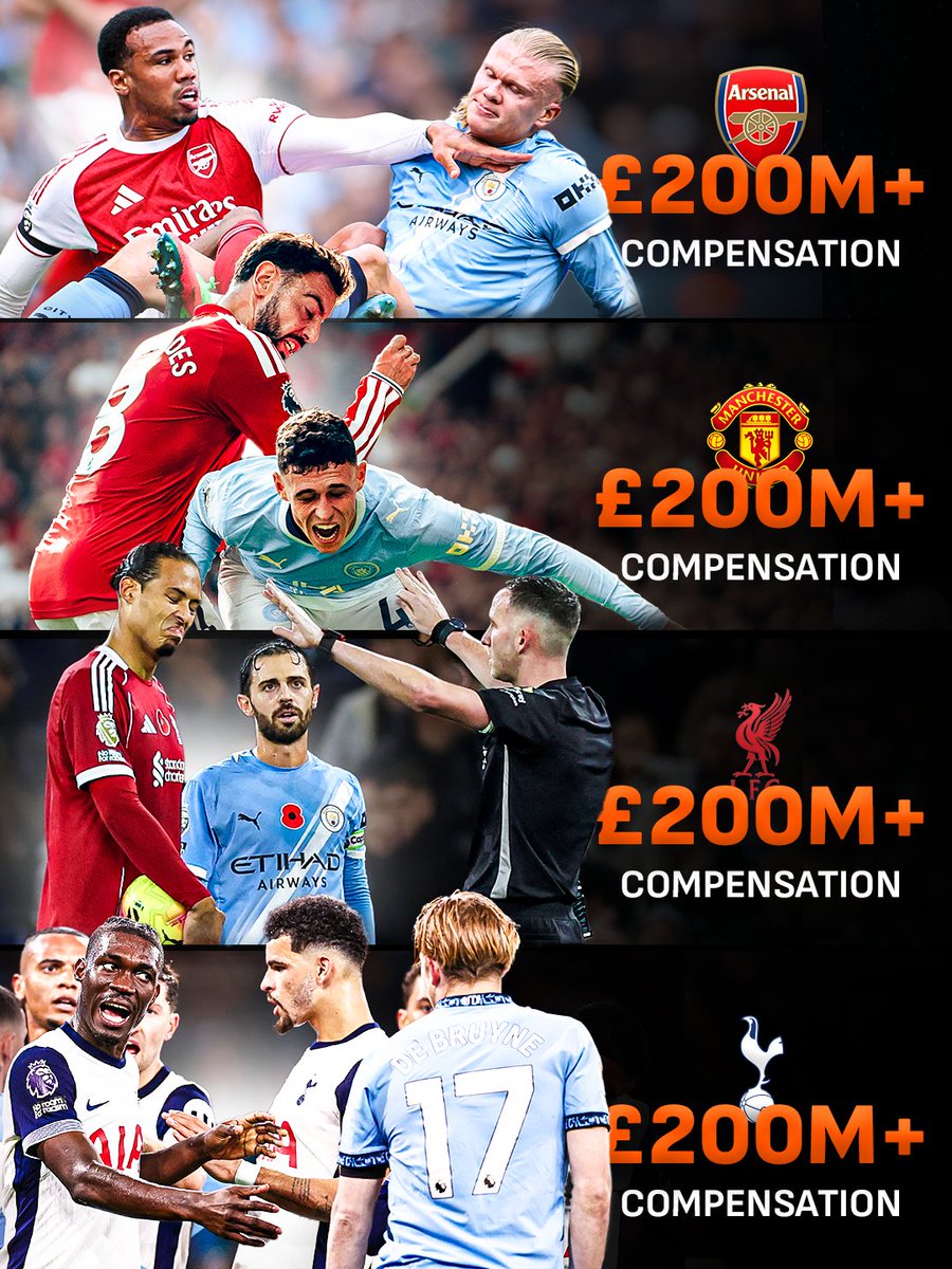 livescore's tweet photo. At least 𝙁𝙊𝙐𝙍 Premier League clubs could each claim over £200m in compensation from Man City 💰😤

Arsenal, Man United, Liverpool and Spurs submitted legal notices 2 years ago in case City were found guilty of financial breaches 📃 https://t.co/9uSq2dBAjv