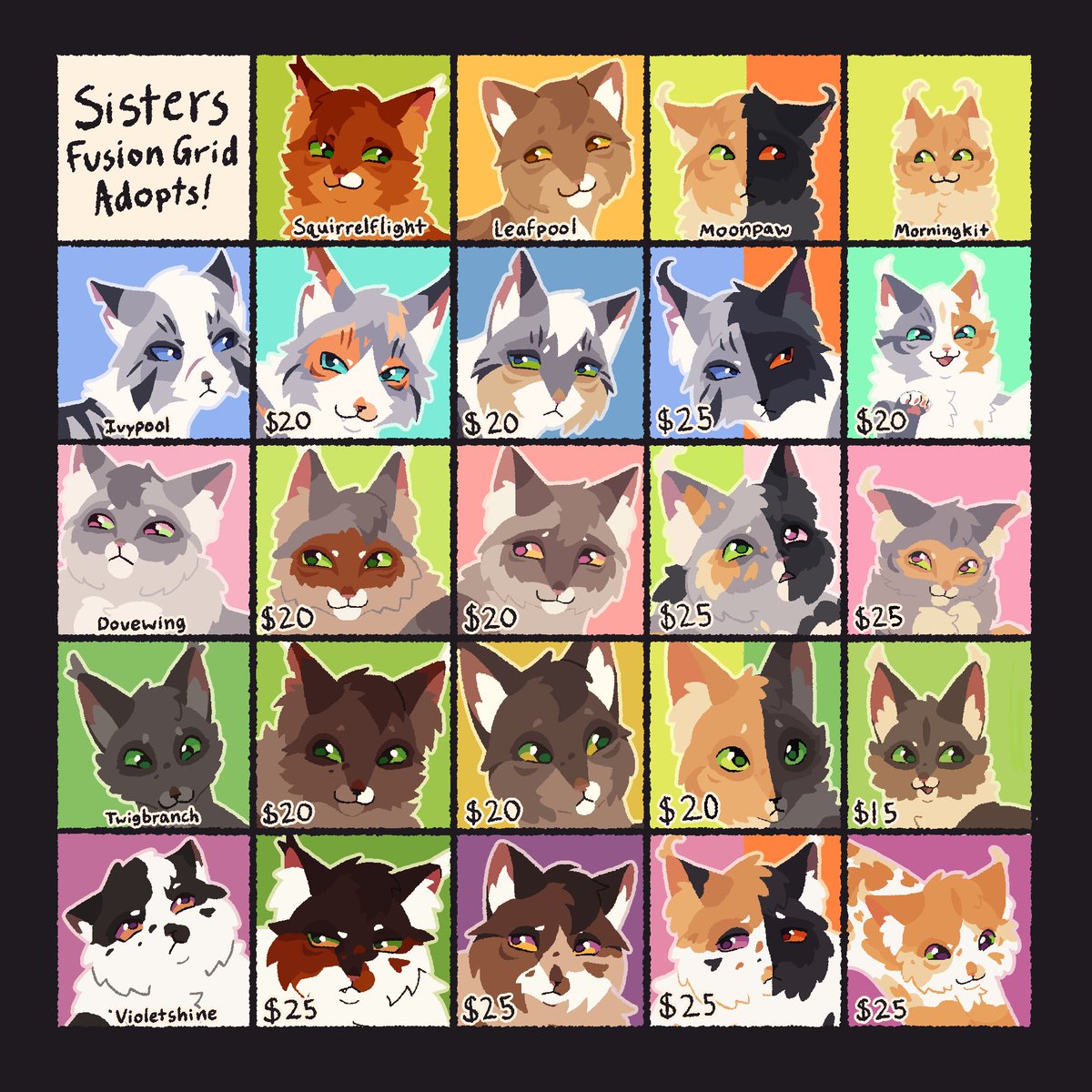 Kittieeepaw's tweet photo. WARRIOR CATS FUSION GRID ADOPTS (sisters edition!!)

First come first serve, I accept p4ypal, cash@pp, and k0fi

If you’re interested in claiming any of the adopts comment here or DM me on discord (kittieee)

Full designs in thread!

#warriorcats https://t.co/OGg7NaZDTP