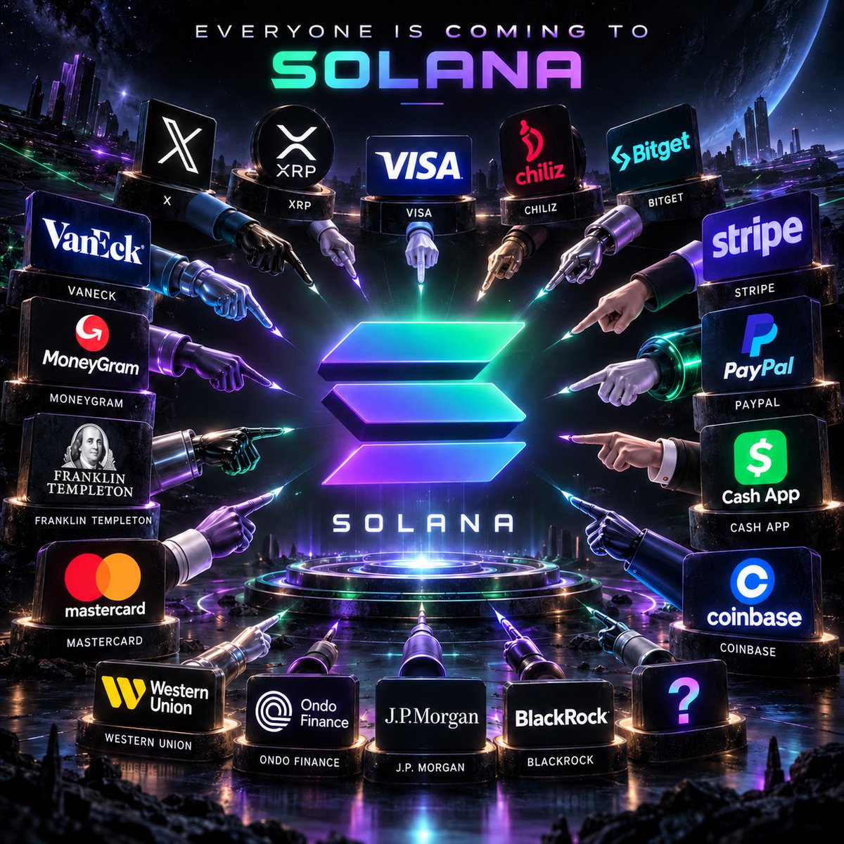 SolanaHub_'s tweet photo. Everyone is coming to Solana.

𝕏 integrated Solana.
XRP expanded to Solana.
Visa is settling on Solana.
Mastercard supports Solana.
Chiliz expanded to Solana.
Bitget integrated Solana Pay.
Stripe supports payments on Solana.
PayPal launched PYUSD on Solana.
Cash App supports USDC on Solana.
Coinbase integrated Solana DEX trading.
BlackRock brought BUIDL to Solana.
J.P. Morgan has used Solana for tokenized commercial paper.
Franklin Templeton brought BENJI to Solana.
Ondo brought 200+ tokenized stocks & ETFs to Solana.
Western Union launched USDPT on Solana.
MoneyGram integrated Solana.
VanEck brought VBILL to Solana.

What's next?👀
