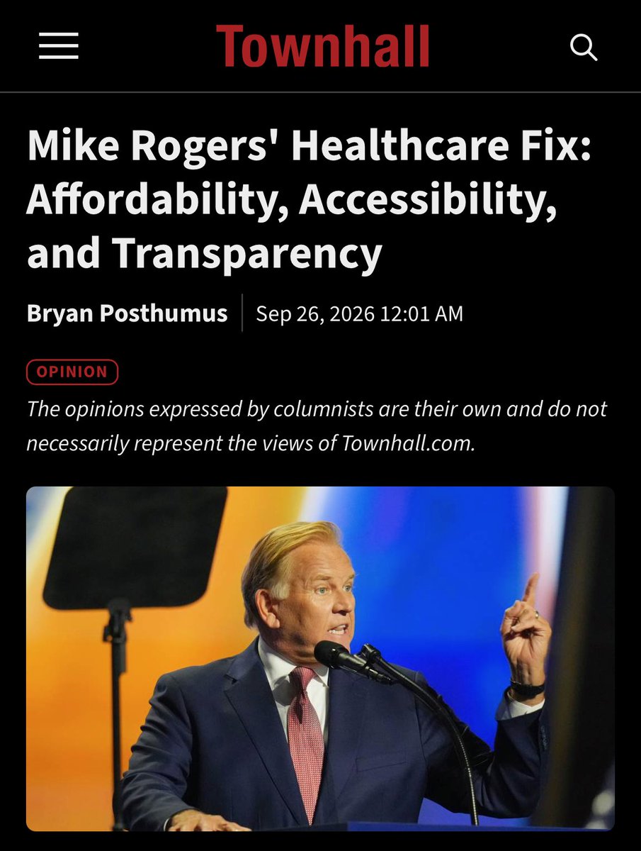 MikeRogersForMI's tweet photo. .@posthumus_bryan nails it.

"This November, Michigan voters aren't just picking a new United States senator; they're picking between a comprehensive, achievable healthcare plan and a scheme that bankrupts it: real reform with Rogers, or a $32 trillion leap off a cliff with El-Sayed."