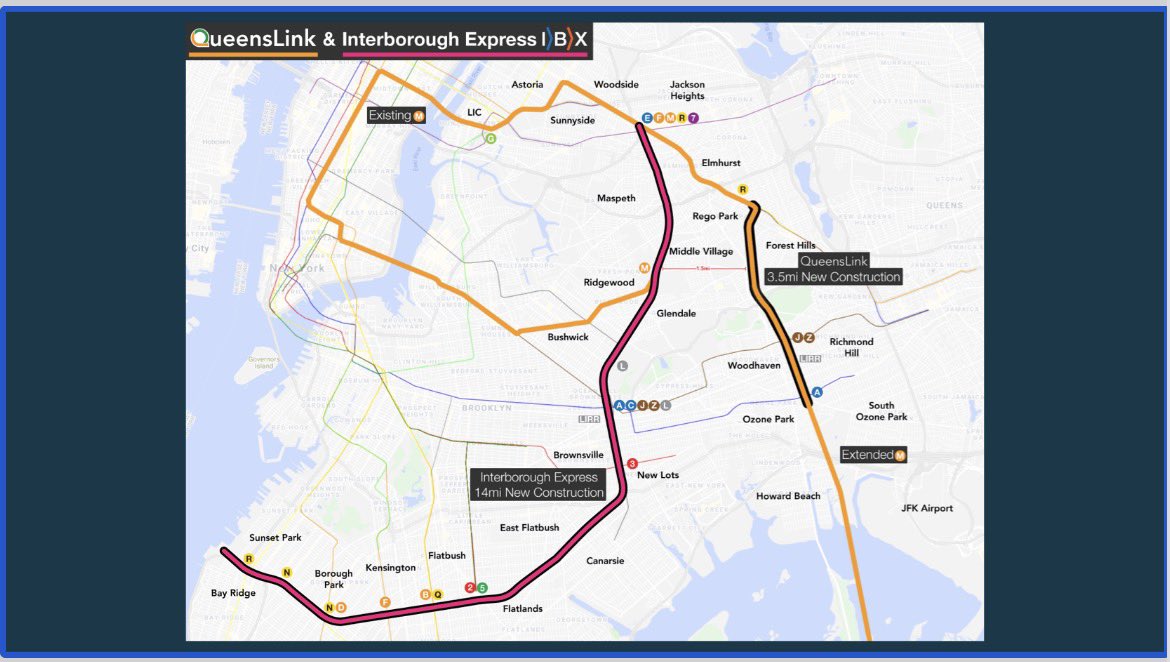 paultrust's tweet photo. @thejoevisuals @Streetfilms QueensLink doesn’t go into Brooklyn. The IBX does.  The IBX doesn’t go to the rockaways.  This jpeg from a QueensLink presentation nicely lays it out. https://t.co/88jDgoTAqD