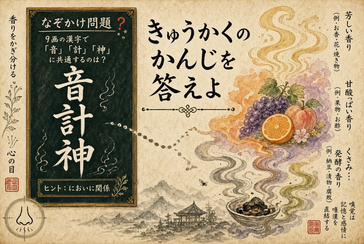 nazo_KAke002's tweet photo. なぞかけ#071

答えは｢音､計､神､とかですかね｣
とかけまして

答えは｢香ばしい､甘酸っぱい､腐ったような､とかですかね｣
とときます

そのココロは
きゅうかくのかんじを答えよ
(九画の漢字/嗅覚の感じ) https://t.co/8QTRtzv0oO
