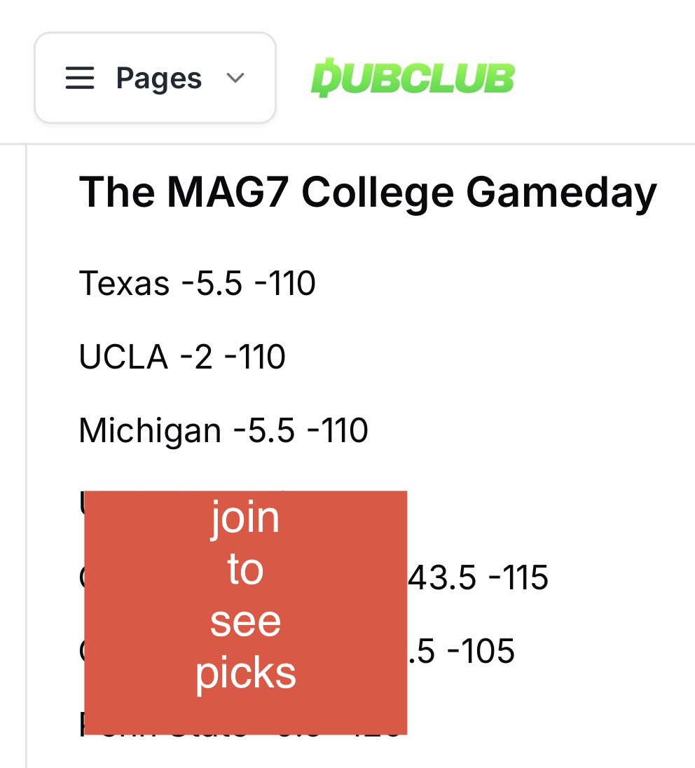 Lockedin_Sportz's tweet photo. The MAG7 College Gameday

Texas -5.5 
UCLA -2 
Michigan -5.5 

7 picks sent at 7am
4 more are VIP only
Plus adding MLB and the Night Wave
LFG https://t.co/GH6aYpX0dn