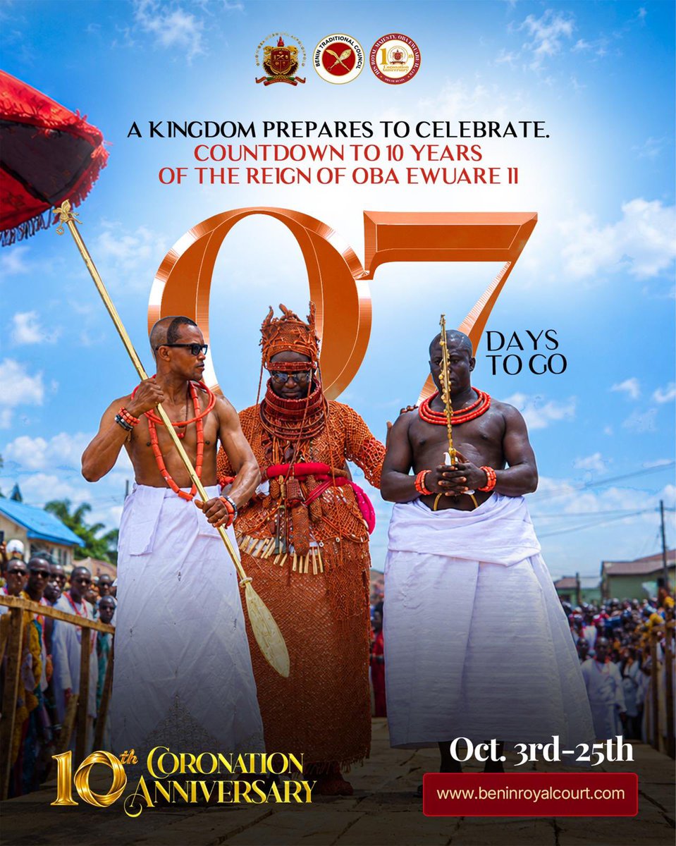 TheBeninRoyal's tweet photo. A Kingdom prepares to celebrate.

The countdown is on to the 10th Coronation Anniversary of His Royal Majesty, Omo N’Oba N’Edo Uku’Akpolokpolo, Oba Ewuare II, Oba of Benin. 

Visit https://t.co/PUFz8KMabn to learn more https://t.co/E8w1EVrbay