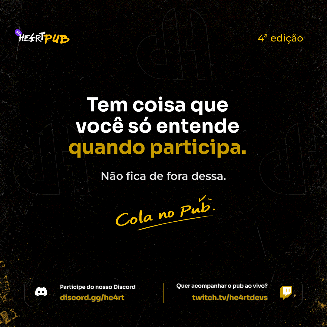 He4rtDevs's tweet photo. Tem coisa que só faz sentido quando você senta na roda

Hoje tem He4rt Pub. Chega com uma pergunta, uma história ou só vontade de ouvir💜

Não consegue ir? Acompanha ao vivo:
📺https://t.co/Rto4kRPpCG https://t.co/gCpfYJTKD5