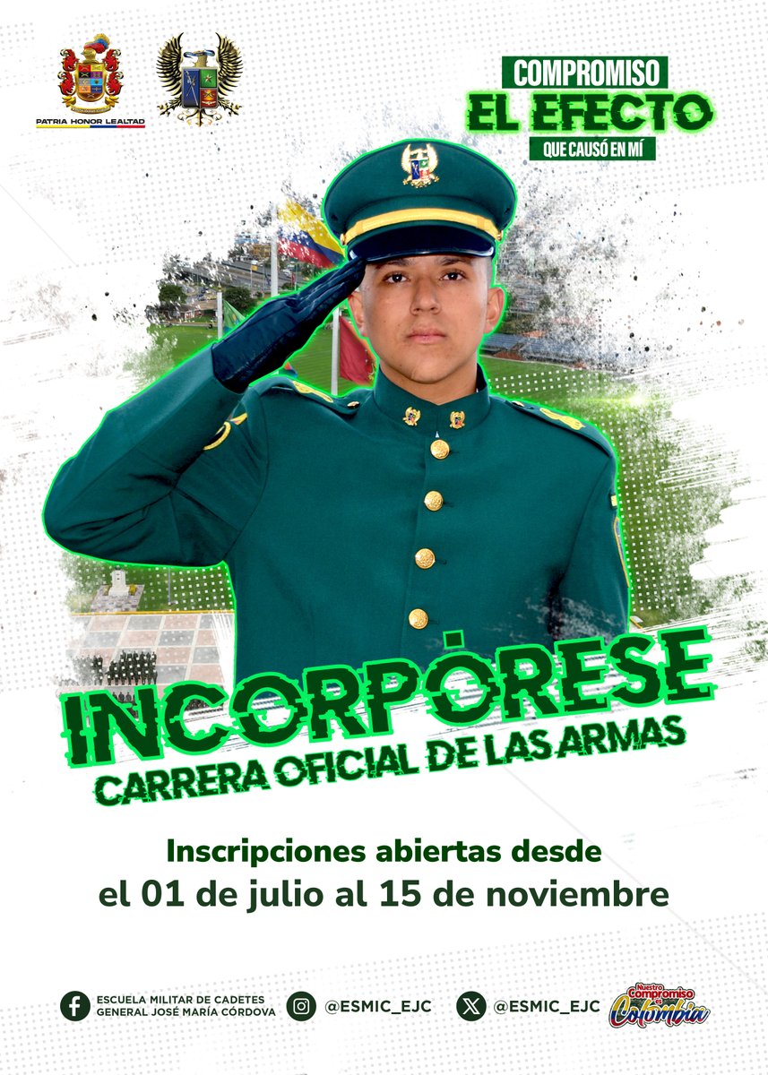 Ejercito_DANTE's tweet photo. ¡El momento de cumplir su propósito es ahora!  Del 1 de julio al 15 de noviembre están abiertas las fechas de incorporación para quienes sueñan con hacer parte del @COL_EJERCITO y formarse como oficiales.   #IncorpóreseAlEjército https://t.co/F8onhisERd #IntegridadYTransparencia https://t.co/wEVef95M76