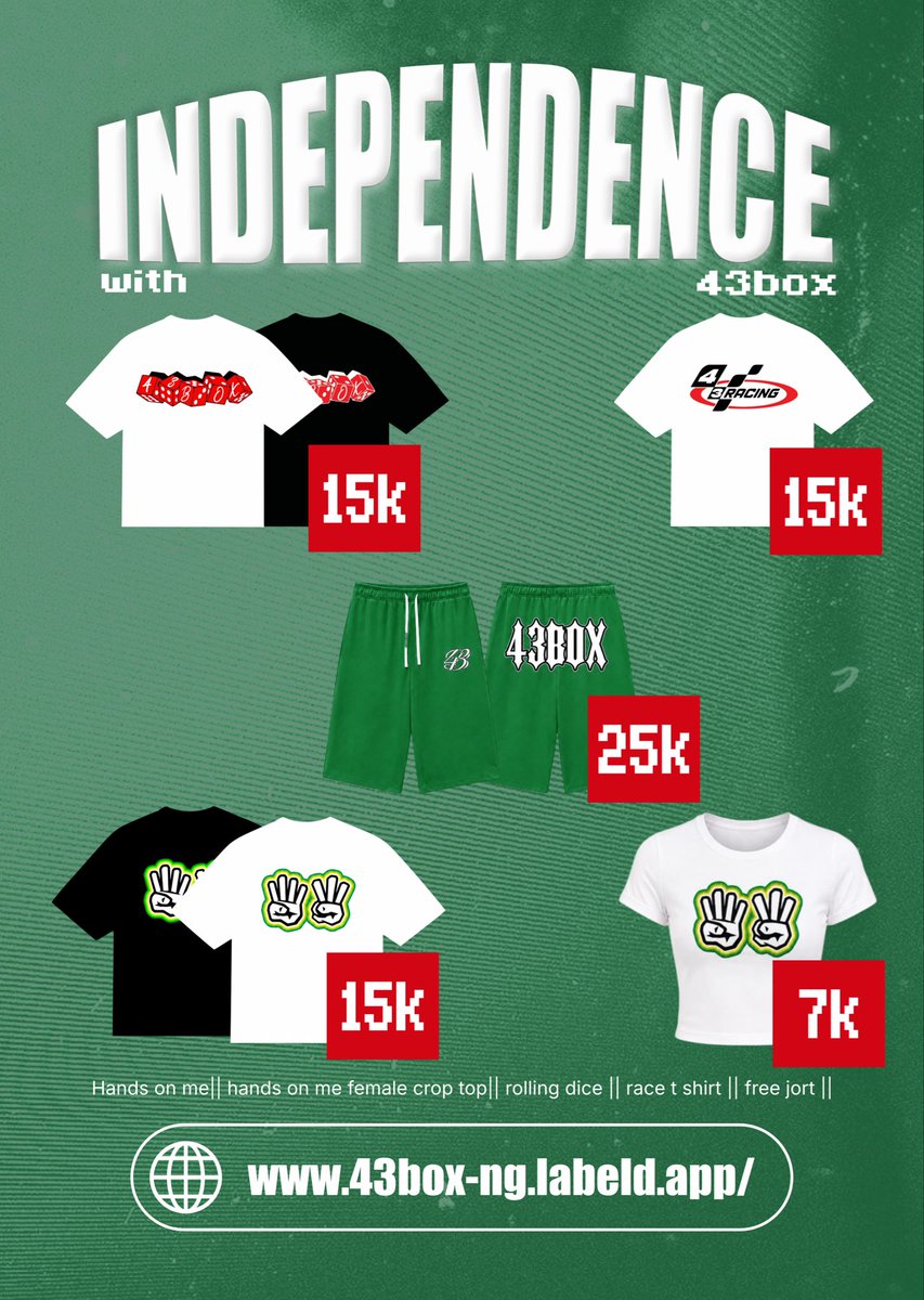 43_box's tweet photo. Independence set with 43box -Live on the website 📦🇳🇬
https://t.co/t0JudaW5K9 https://t.co/gZzuiMpI7I